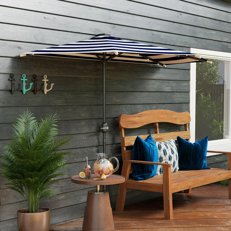 Outsunny Half Umbrella Outdoor Patio Umbrella, UPF 30+ Small Balcony Umbrella, Vented Half Patio Umbrella with Crank 8 Ribs, Porch Umbrella for Garden Deck Poolside, Navy Blue