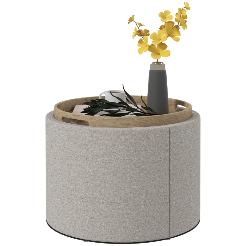 HOMCOM Round Storage Ottoman Coffee Table with Flip Top Tray, Linen Fabric Upholstered Footstool with Hidden Compartment