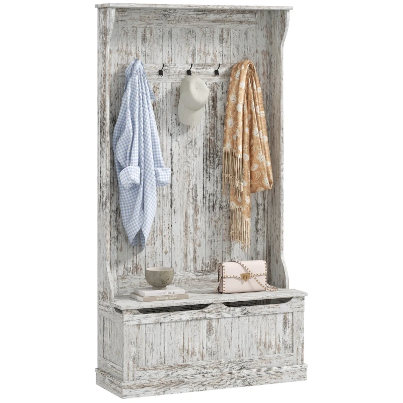 HOMCOM 3-In-1 Entryway Bench with Coat Rack, Hall Tree with Bench and Shoe Storage, 5 Hooks for Hallway Distressed White