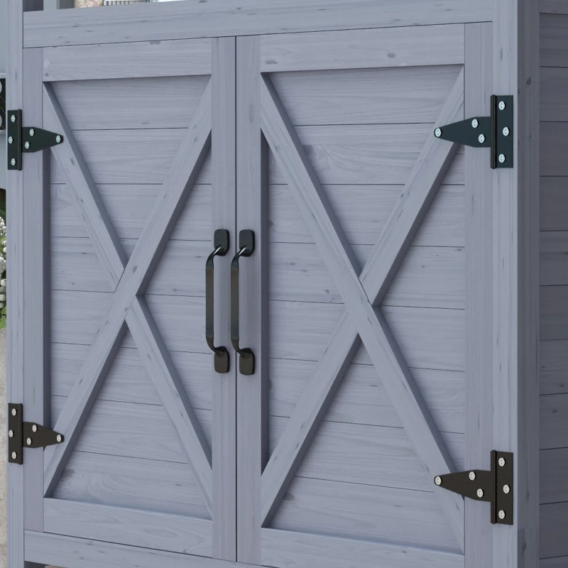 Outsunny Outdoor Wooden Potting Bench with Storage Cabinet, Aluminum Tabletop, Rubber Wheels for Backyard, Patio, Balcony, Grey