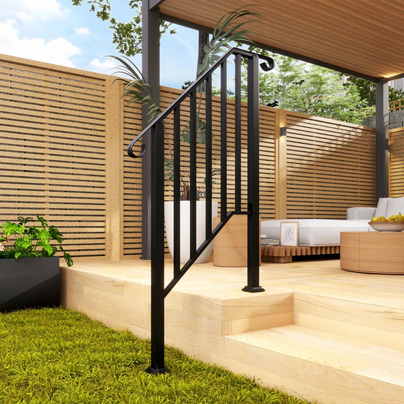 Outsunny 2-3 Step Handrails for Outdoor Steps, Metal Outdoor Stair Railing, Porch Deck Railing with Installation Kit, Black