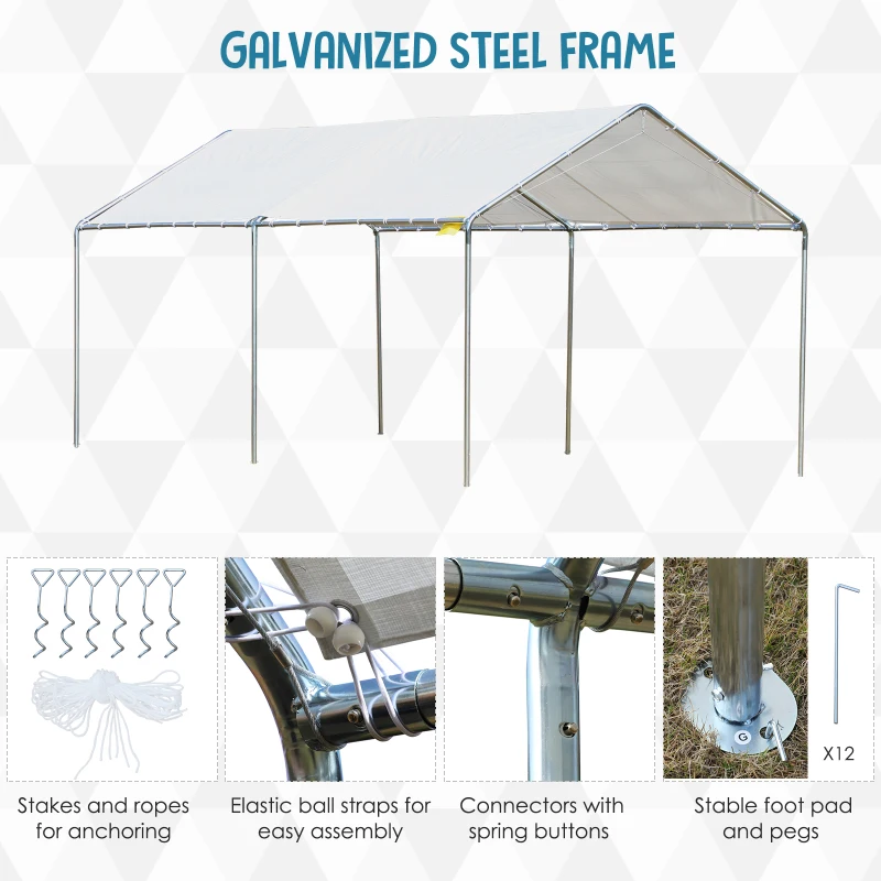 Outsunny 10' x 20' Carport Heavy Duty Galvanized Car Canopy with Included Anchor Kit, 3 Reinforced Steel Cables, White