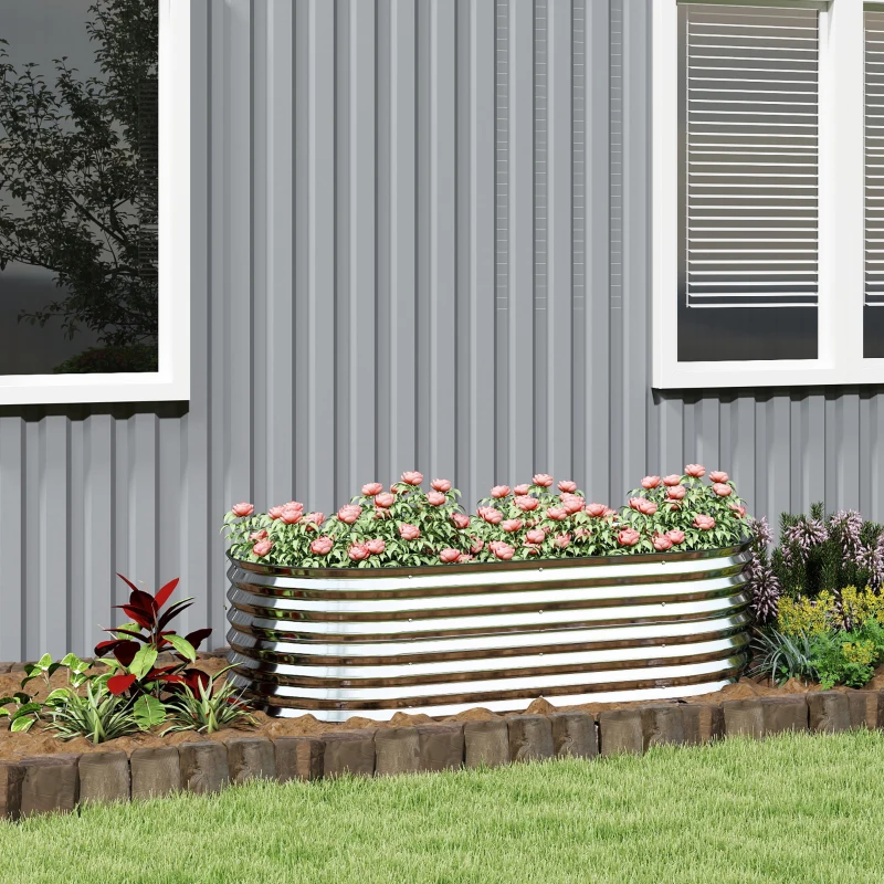 Outsunny 5 x 2.5 x 2ft Galvanized Raised Garden Bed, Easy DIY Oval Planter Box with Safety Edging and Gloves, Silver
