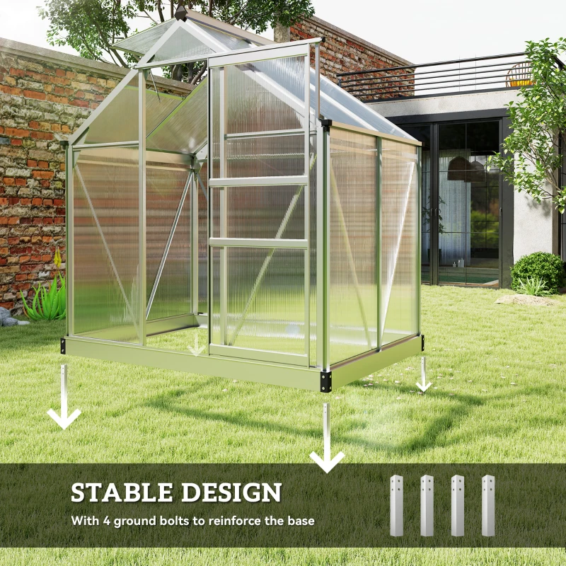 Outsunny 6' x 4' x 6.6' Polycarbonate Greenhouse, Walk-In Green House Kit Garden, Plants Grow, Galvanized Sheet Aluminum Frame with Rain Gutter, Vent and Sliding Door, Silver