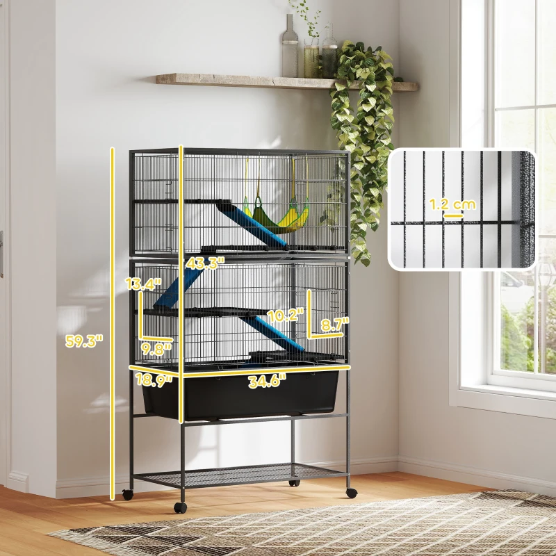 PawHut 59" 5-Level Small Animal Cage, Rolling Ferret Cage with 6.3" Deep Tray, Non-Slip Cloth Covered Ramps, Hammock, Dark Gray