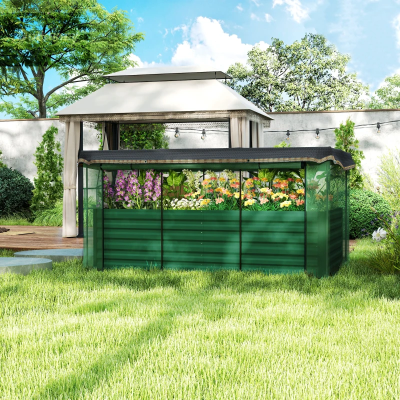 Outsunny Galvanized Steel Planter Box with Crop Cage and Shade Cloth, Raised Garden Bed for Flowers, Veggies and Herbs, Green