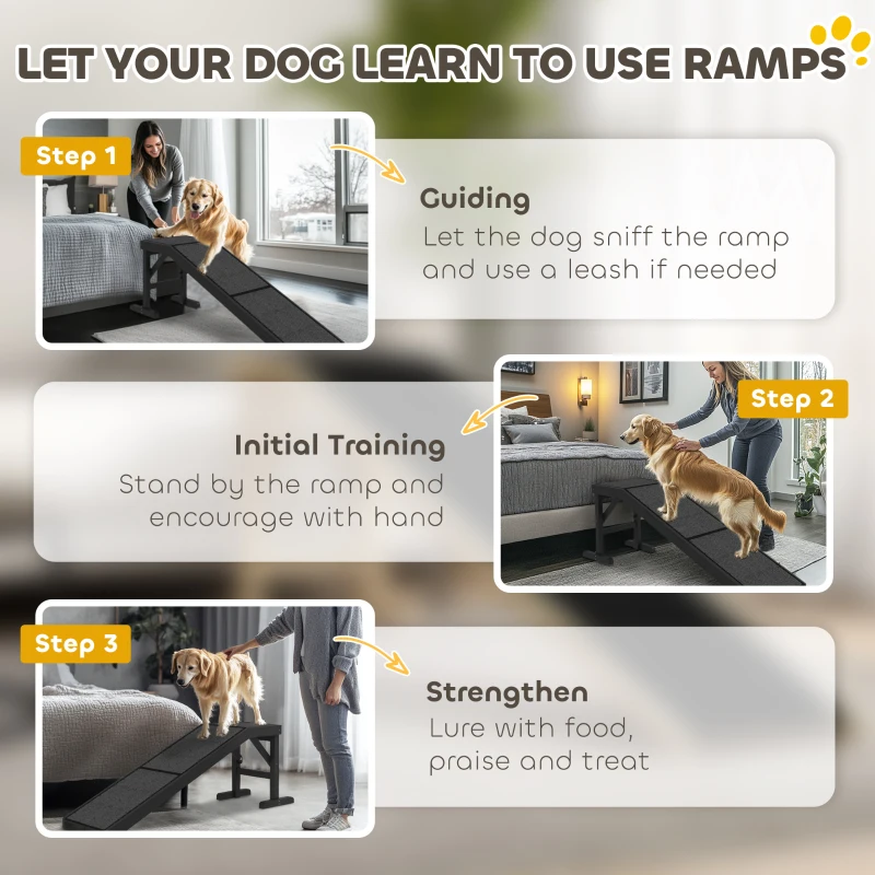 PawHut Pet Ramp Bed Steps for Dogs Cats Non-slip Carpet Top Platform Pine Wood 59"L x 16"W x 20"H Black