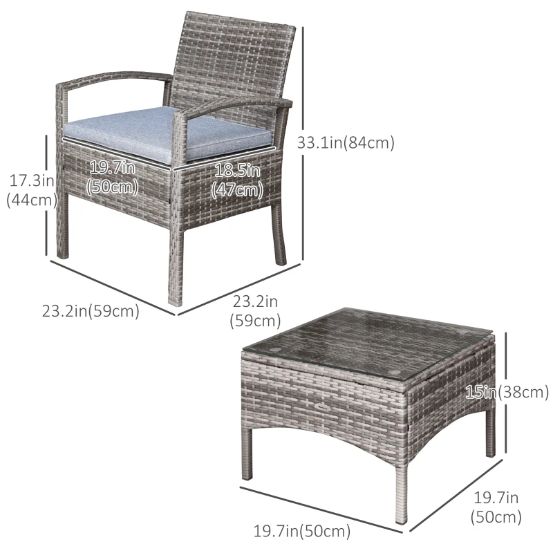 Outsunny 3 Pieces Wicker Patio Furniture Set, Rattan Bistro Set with Coffee Table and Cushions, Outdoor Conversation Set for Garden, Porch, Balcony, Grey