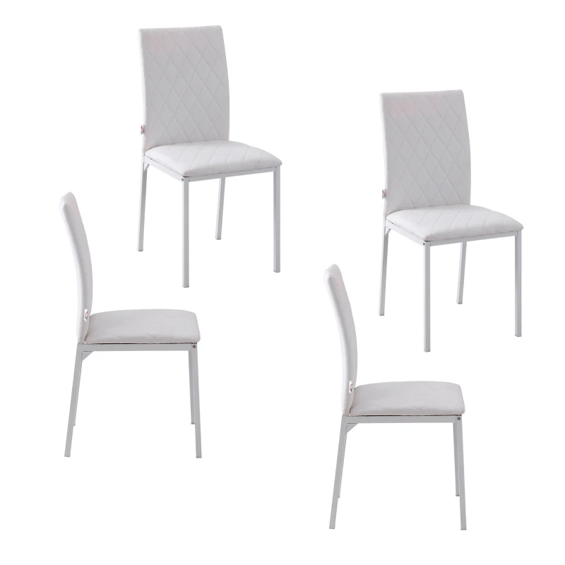 HOMCOM Modern Dining Chairs Set of 4, Upholstered Faux Leather Kitchen Chairs with Rhombic Tufting and Metal Legs for Living Room, White