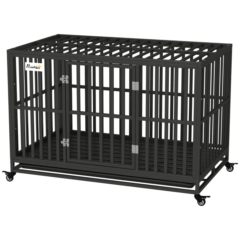 PawHut 49" Heavy Duty Steel Dog Crate Kennel Pet Cage with Wheels for Convenient Access Anti-Pinching Floor, Black