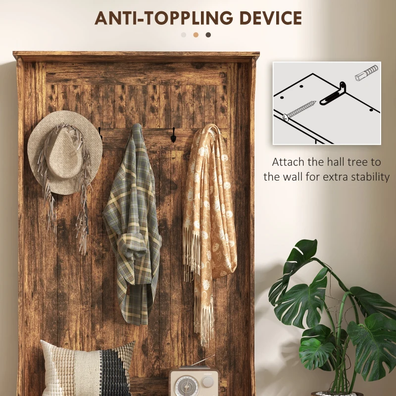 HOMCOM 3-In-1 Entryway Bench with Coat Rack, Hall Tree with Bench and Shoe Storage, 5 Hooks for Hallway Rustic Brown