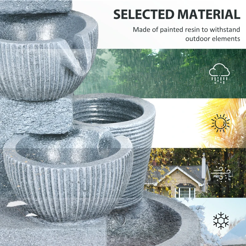 Outsunny Solar Powered Outdoor Water Fountain, 4-Tier Floor Standing Resin Cascading Bowls Waterfall Fountain with LED Lights
