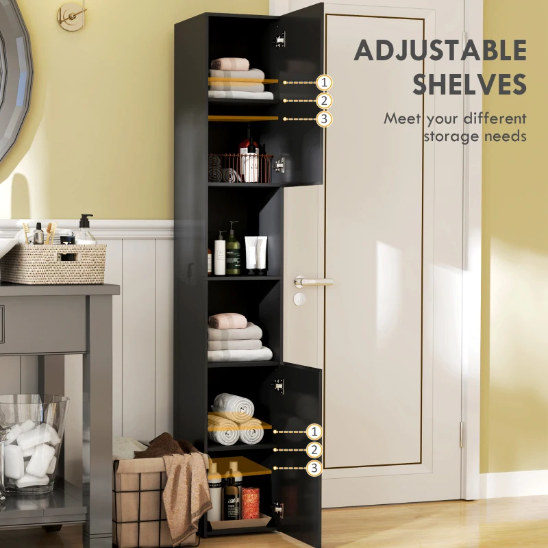 kleankin Tall Bathroom Cabinet, High Gloss Storage Cabinet with Doors and Adjustable Shelves, 11.8" x 11.8" x 71.5", Black