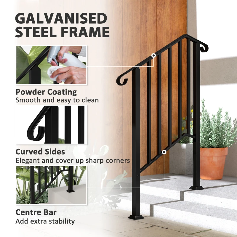 Outsunny 2-3 Step Handrails for Outdoor Steps, Metal Outdoor Stair Railing, Porch Deck Railing with Installation Kit, Black