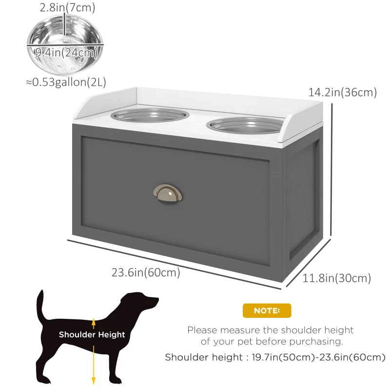 PawHut Large Elevated Dog Bowls with Storage Drawer, Raised Pet Feeding Station with 2 Stainless Steel Bowls, Grey