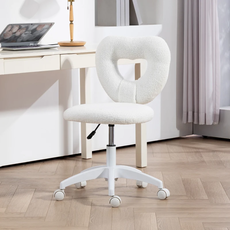 HOMCOM Armless Computer Desk Chair, Office Task Chair, Teddy Fleece Heart Makeup Vanity Chair with Swivel Wheels, White