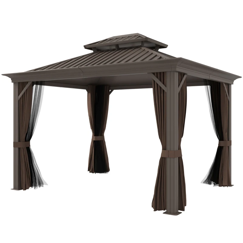 Outsunny 10' x 12' Hardtop Gazebo with Curtains and Netting, Permanent Pavilion Metal Double Roof Gazebo Canopy with Aluminum Frame and Hooks, for Garden, Patio, Backyard, Dark Brown