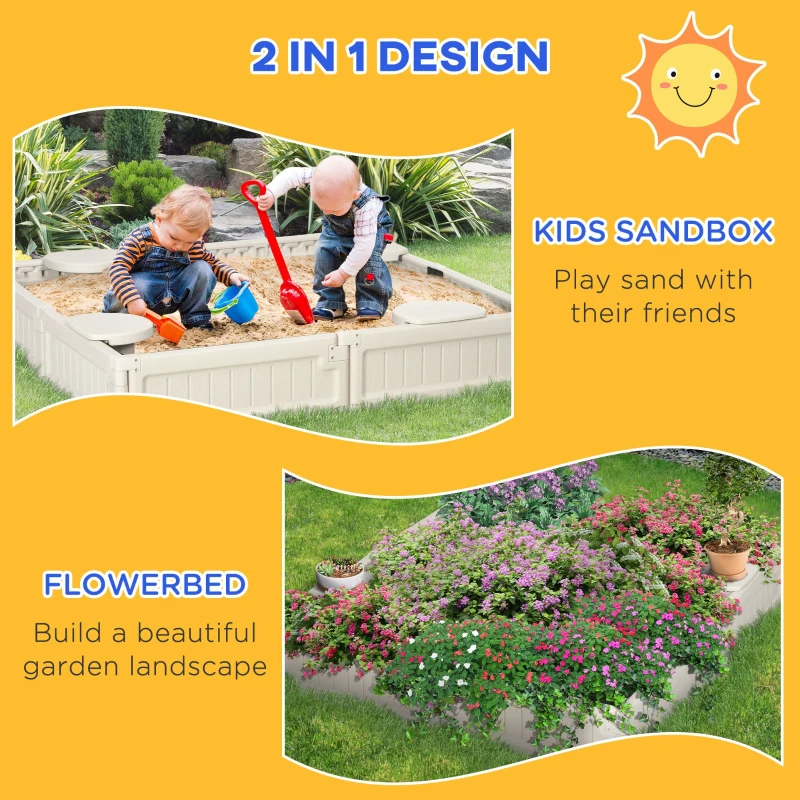 Outsunny Kids Outdoor Sandbox with Cover Garden Bed, Easy Assembly for Backyard, Cream White, 48.5" x 48.5" x 8.25"