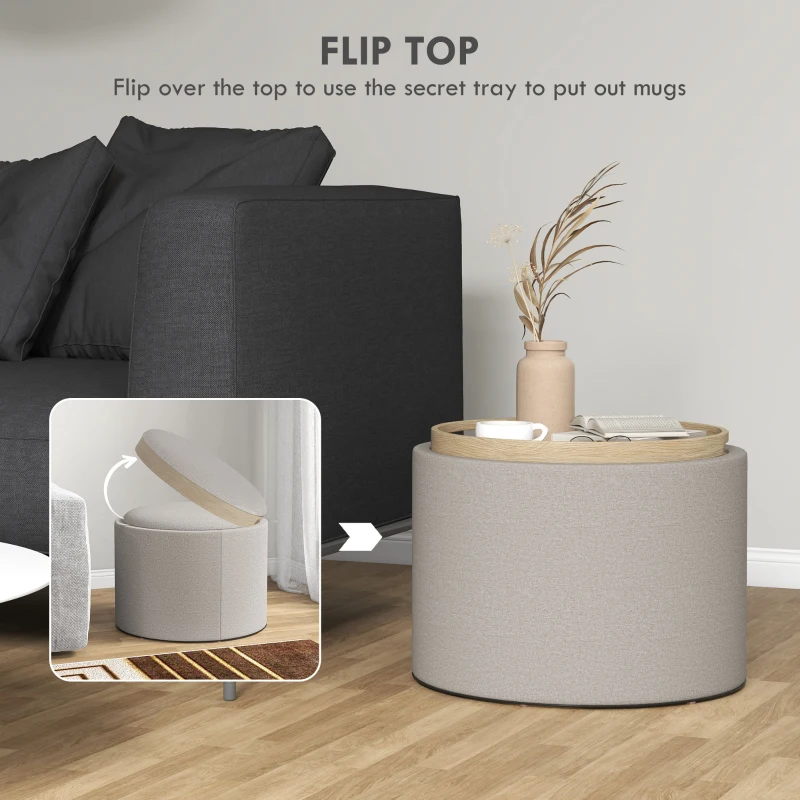 HOMCOM Round Storage Ottoman Coffee Table with Flip Top Tray, Linen Fabric Upholstered Footstool with Hidden Compartment