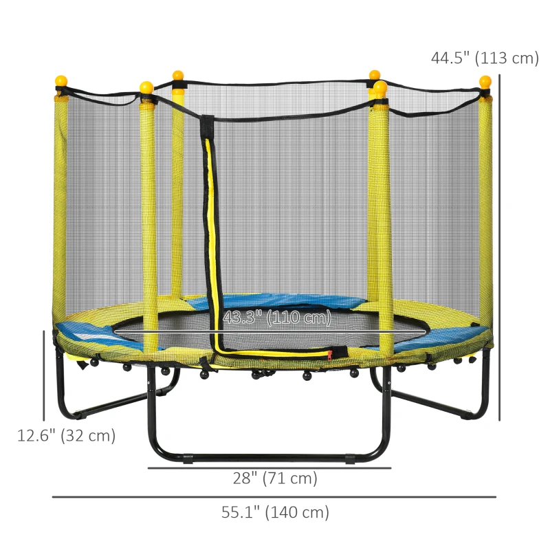 Qaba 4.6FT Trampoline for Kids with Enclosure Net for Ages 3-10, Indoor Outdoor Use, Yellow