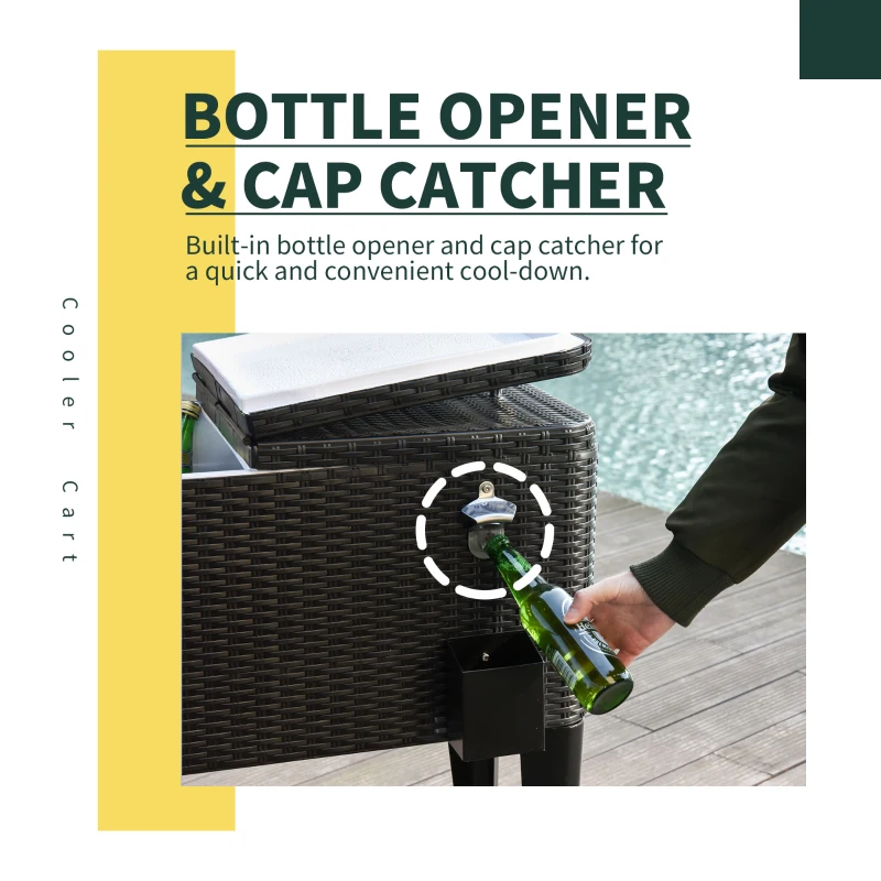 Outsunny 80 Quart Rattan Rolling Cooler Cart Portable Patio Ice Beer Beverage Cooling Bin for Outdoor Party w/ Bottle Opener, Brown Wicker