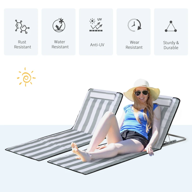 Outsunny 2 Pieces Beach Lounge Chair, Outdoor Folding Chaise Lounge Set w/ Pillow for Sunbath, Snap, Light Grey and White