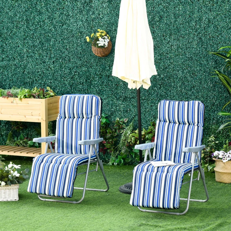 Outsunny Set of 2 Garden Sun Lounger, Outdoor Reclining Seat Cushioned Seat, Foldable Adjustable Recliner, Grey and Blue