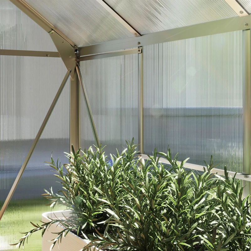 Outsunny 6' x 8' x 6.6' Polycarbonate Greenhouse, Walk-In Green House Kit Garden, Plants Grow, Galvanized Sheet Aluminum Frame with Rain Gutter, Vent and Sliding Door, Silver