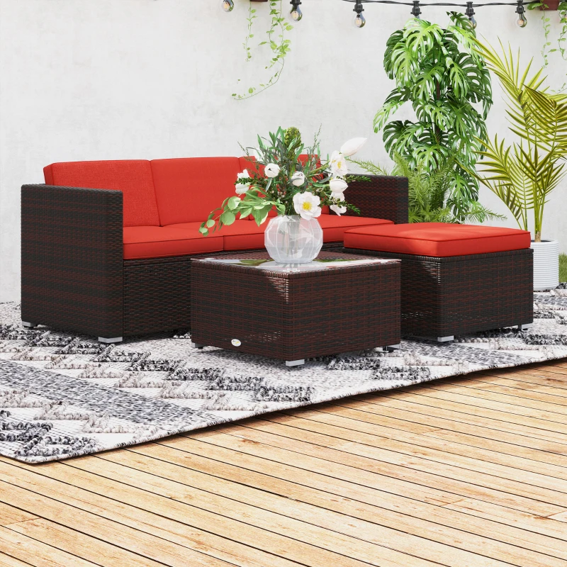 Outsunny Patio Furniture w/ Soft Cushions, Corner Sofa Sets, Red