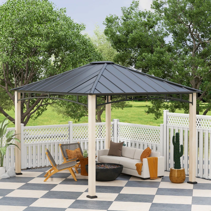 Outsunny 10' x 12' Hardtop Gazebo with Metal Roof, Wood Grain Frame Outdoor Gazebo Canopy for Patio, Garden, Backyard, Lawn