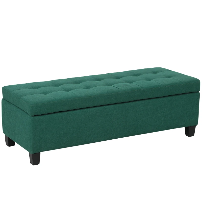 HOMCOM Rectangular Entry Bench, Tufted Upholstered Linen Fabric Wood Feet Storage Ottoman Bench, Dark Green