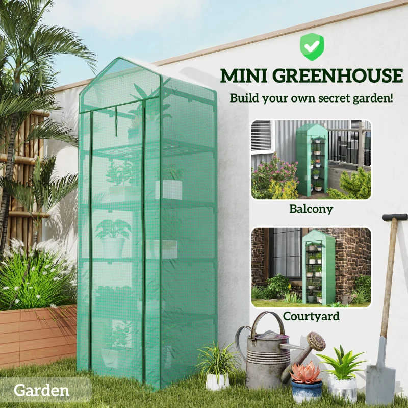 Outsunny 5 Tier Mini Greenhouse, Portable Outdoor Flower Stand with Shelf Clips, Indoor Greenhouse with Steel Frame, Transparent, 27.25" x 19.25" x 76", Green