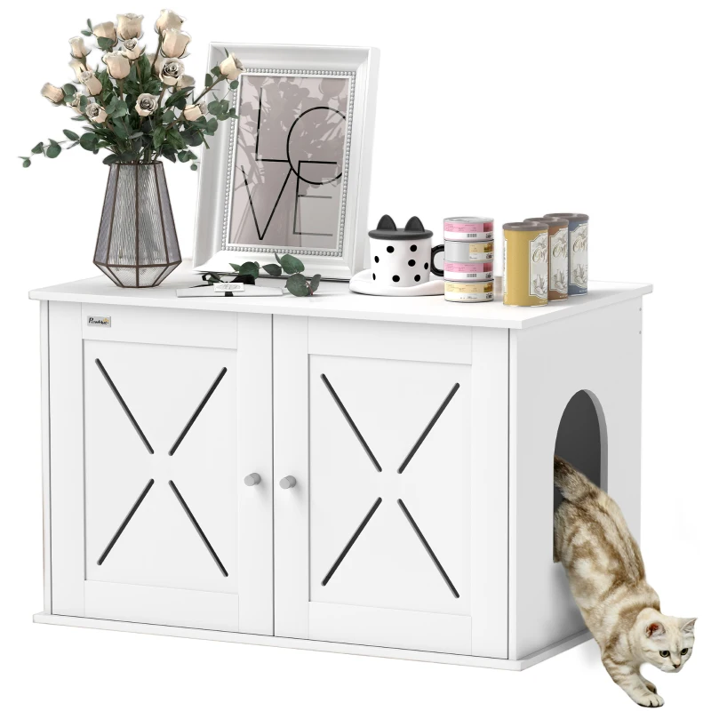 PawHut Hidden Cat Litter Box Enclosure with Double Doors, Hole, Pet House Side End Table, 31.5" x 19" x 20", White