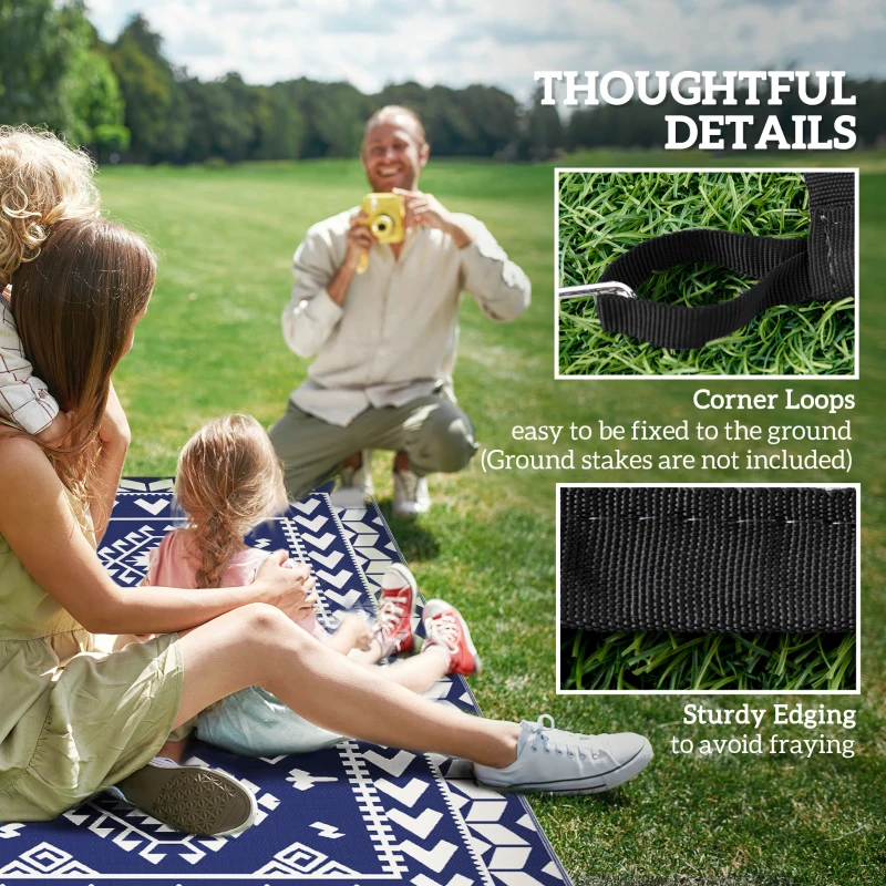 Outsunny Reversible Outdoor Rug, Waterproof Plastic Straw with Carry Bag, 9' x 18', Blue & White Rhombus Patchwork