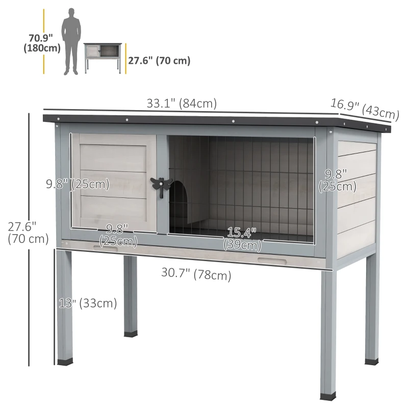 PawHut Wooden Rabbit Hutch with Openable Asphalt Roof, Tray, Light Grey
