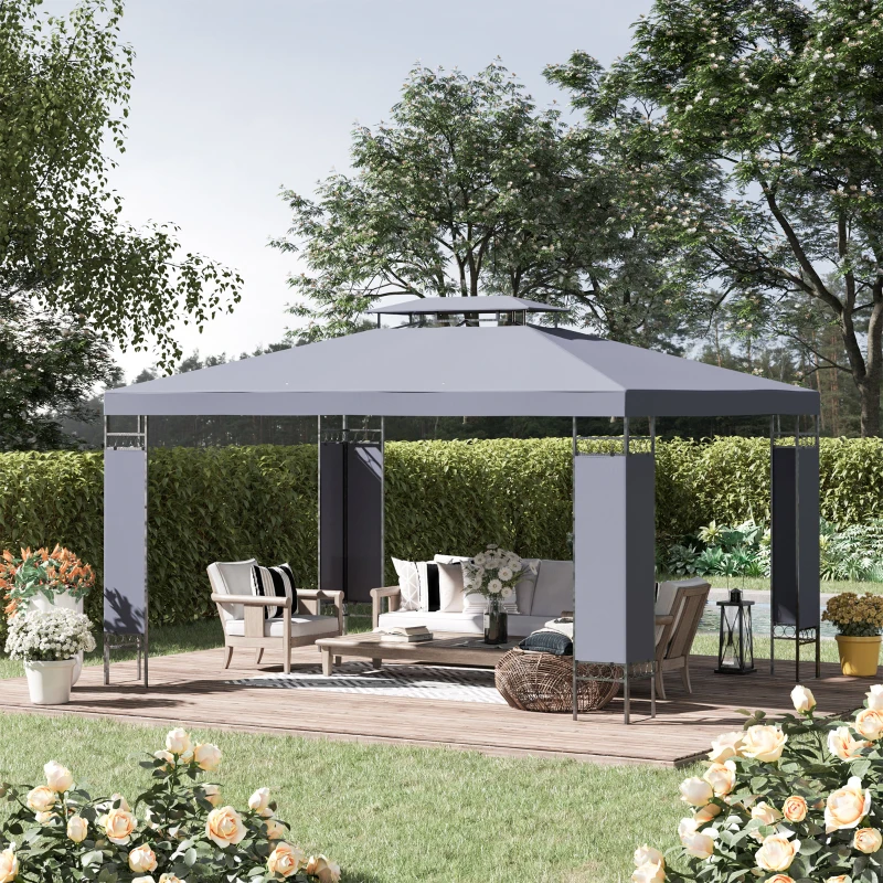 Outsunny 10' x 13' Patio Gazebo, Double Roof Outdoor Gazebo Canopy Shelter with Screen Decorate Corner Frame, for Garden, Lawn, Backyard and Deck, Gray
