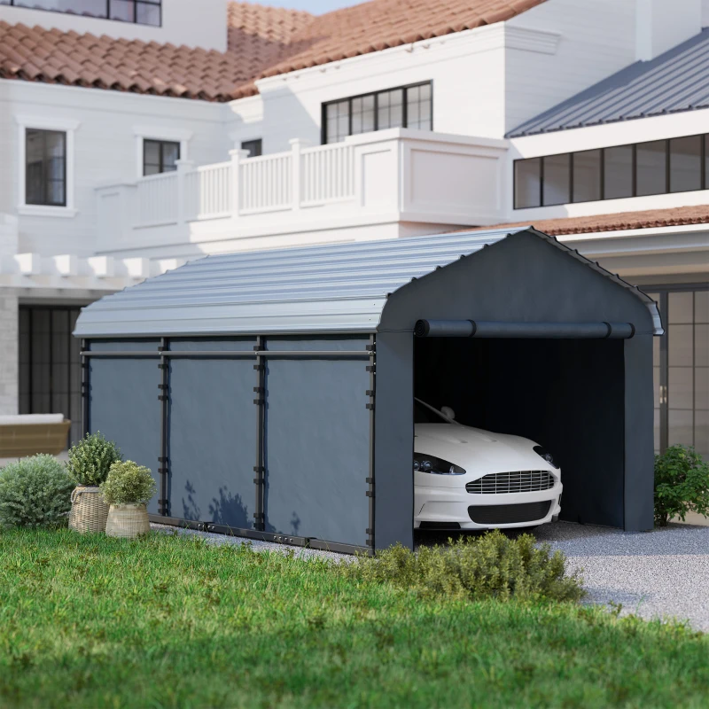 Outsunny 10' x 15' Metal Carport, Heavy Duty Garage Car Shelter with Galvanized Metal Roof and Removable Sidewalls, Dark Grey