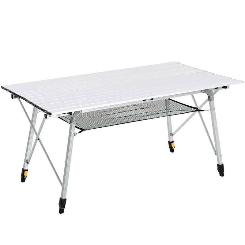 Outsunny 4FT Folding Aluminium Picnic Table Portable Camping BBQ Table Roll Up Top Mesh Layer Rack with Carrying Bag Silver