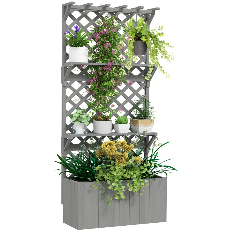 Outsunny Raised Garden Bed, Wooden Planter with Trellis, Hanging Roof, Plant Shelf, Drainage Holes and Bed Liner, Grey