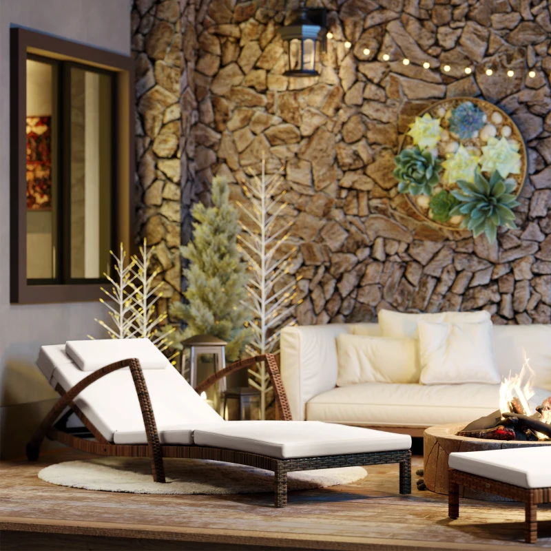 Outsunny Set of 2 Wicker Chaise Lounge Chair Outdoor Patio Lounger with 5 Adjustable Back, Wheels, Cushion, and Armrests, Beige