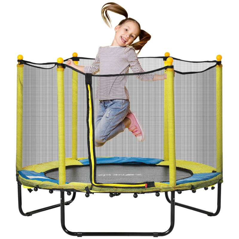Qaba 4.6FT Trampoline for Kids with Enclosure Net for Ages 3-10, Indoor Outdoor Use, Yellow