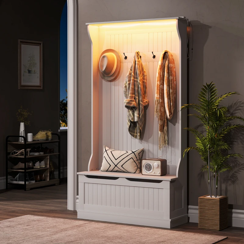 HOMCOM 3-In-1 Entryway Bench with LED Lights and Coat Rack, Hall Tree with Bench and Shoe Storage, 5 Hooks for Hallway Gray