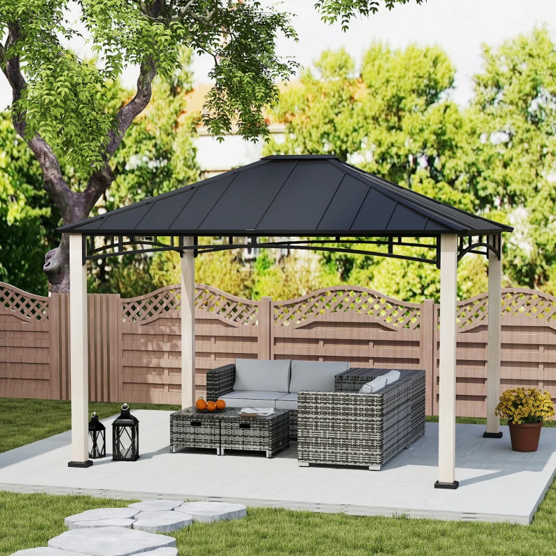 Outsunny 10' x 12' Hardtop Gazebo with Metal Roof, Wood Grain Frame Outdoor Gazebo Canopy for Patio, Garden, Backyard, Lawn