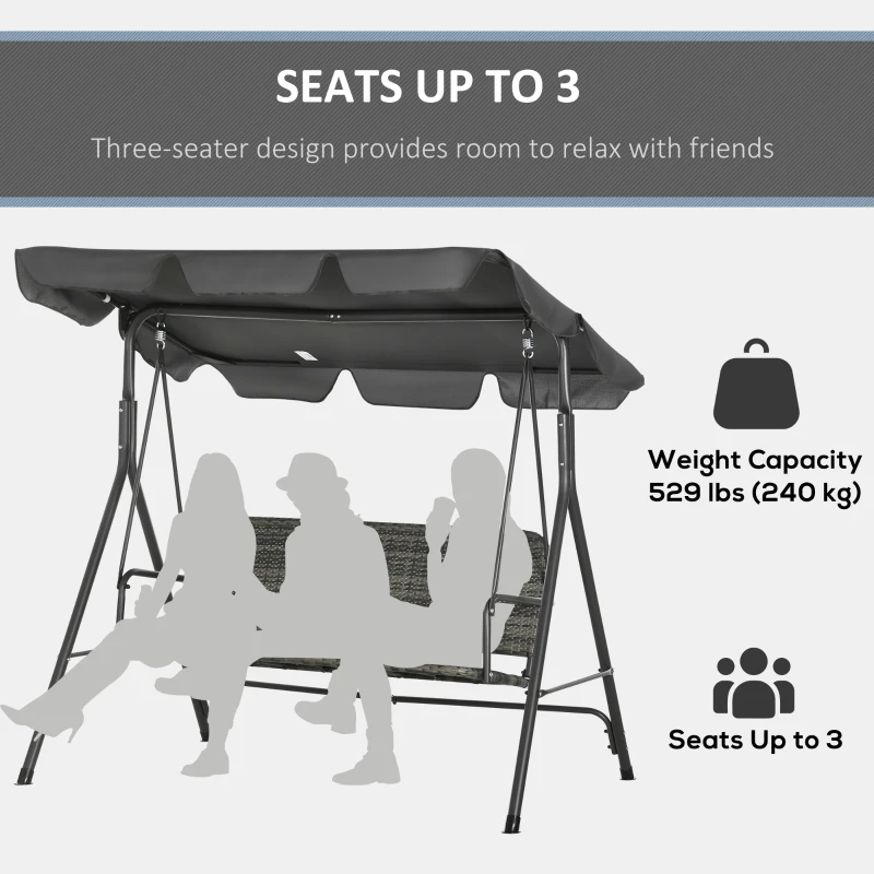 Outsunny 3 Seater Rattan Outdoor Patio Swing with Adjustable Canopy and Stand for Garden Porck Backyard, Grey
