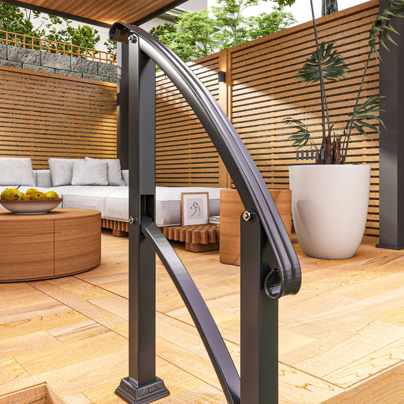 Outsunny 1-3 Step Metal Handrails for Outdoor Steps, Porch Deck Stair Railing with Installation Kit for Concrete Steps, Black