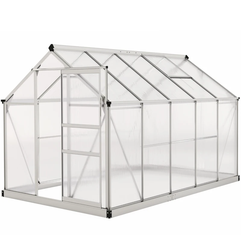 Outsunny 6' x 10' x 6.6' Polycarbonate Greenhouse, Walk-In Green House Kit Garden, Plants Grow, Galvanized Sheet Aluminum Frame with Rain Gutter, Vents and Sliding Door, Sliver