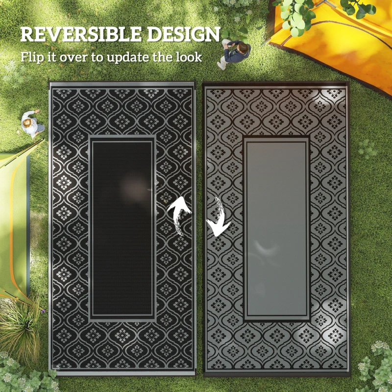 Outsunny Reversible Outdoor Rug, Waterproof Plastic Straw with Carry Bag, 9' x 18', Black & Gray Gourd Border