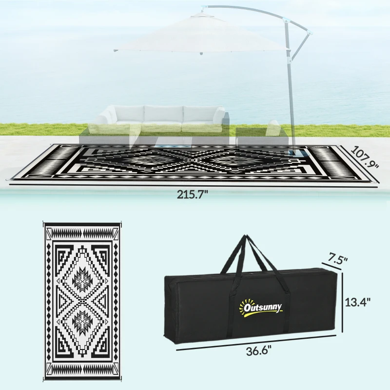 Outsunny Reversible Outdoor Rug, Waterproof Plastic Straw with Carry Bag, 9' x 18', Black & White Square Patchwork