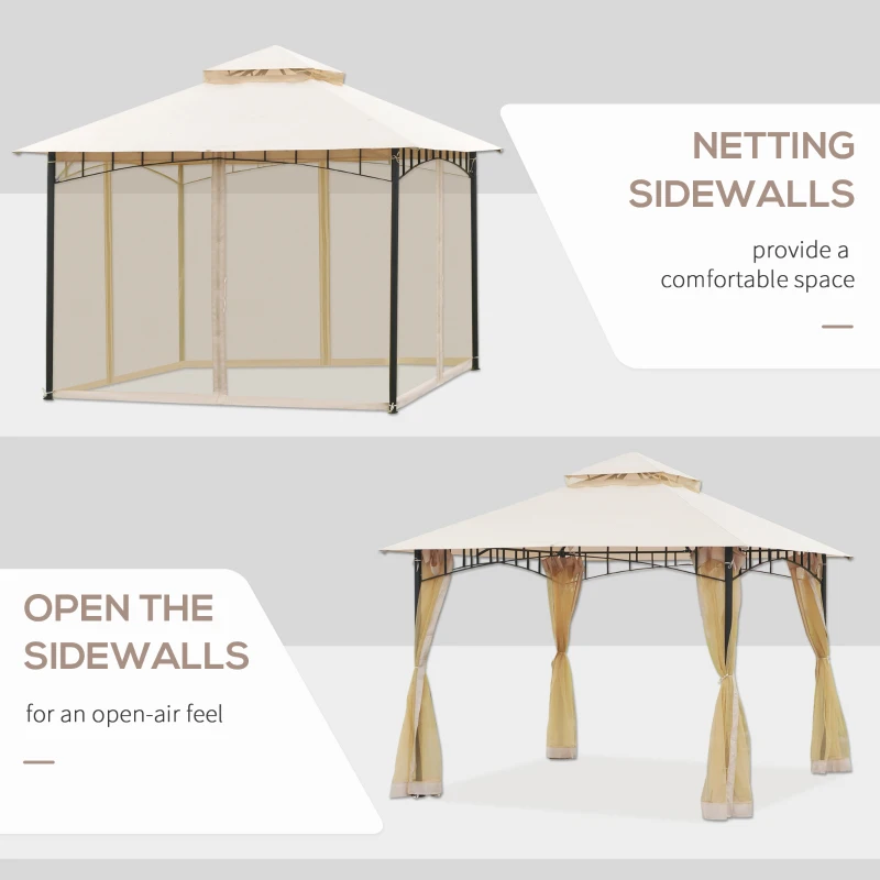 Outsunny 10' x 10' Outdoor Patio Gazebo Canopy Tent with Mesh Sidewalls, 2-Tier Canopy for Backyard, Beige