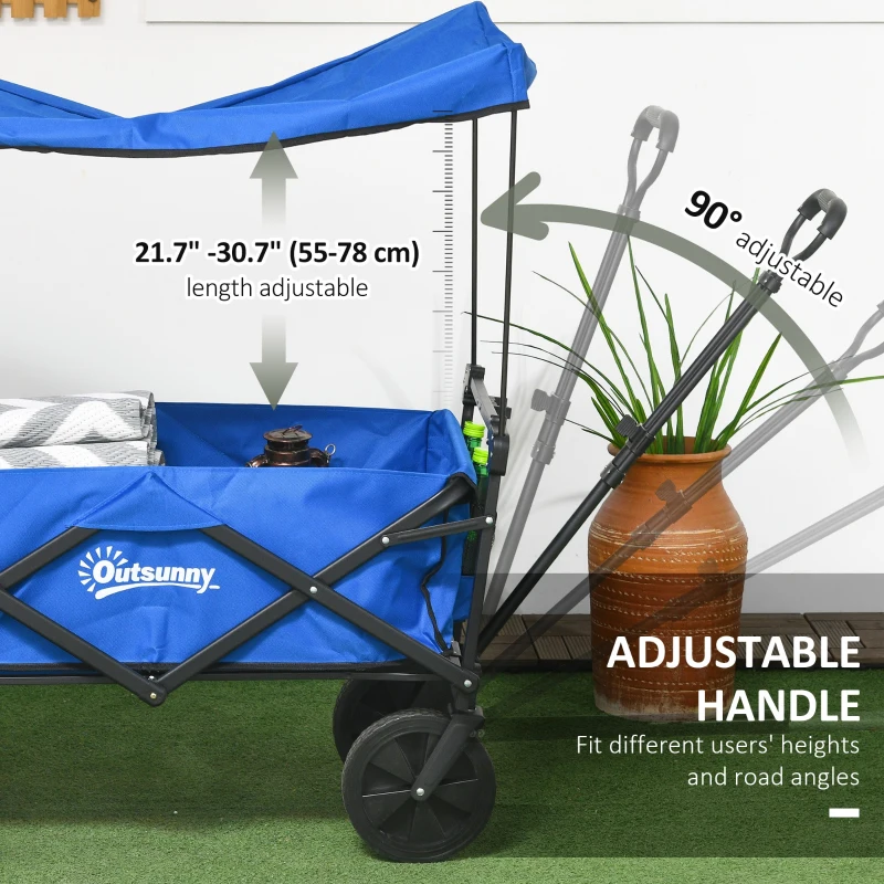 Outsunny Steel Frame Folding Garden Cart, Collapsible Wagon Cart with Removable Canopy, Telescopic Handle and Carrying Bag, Dark Blue